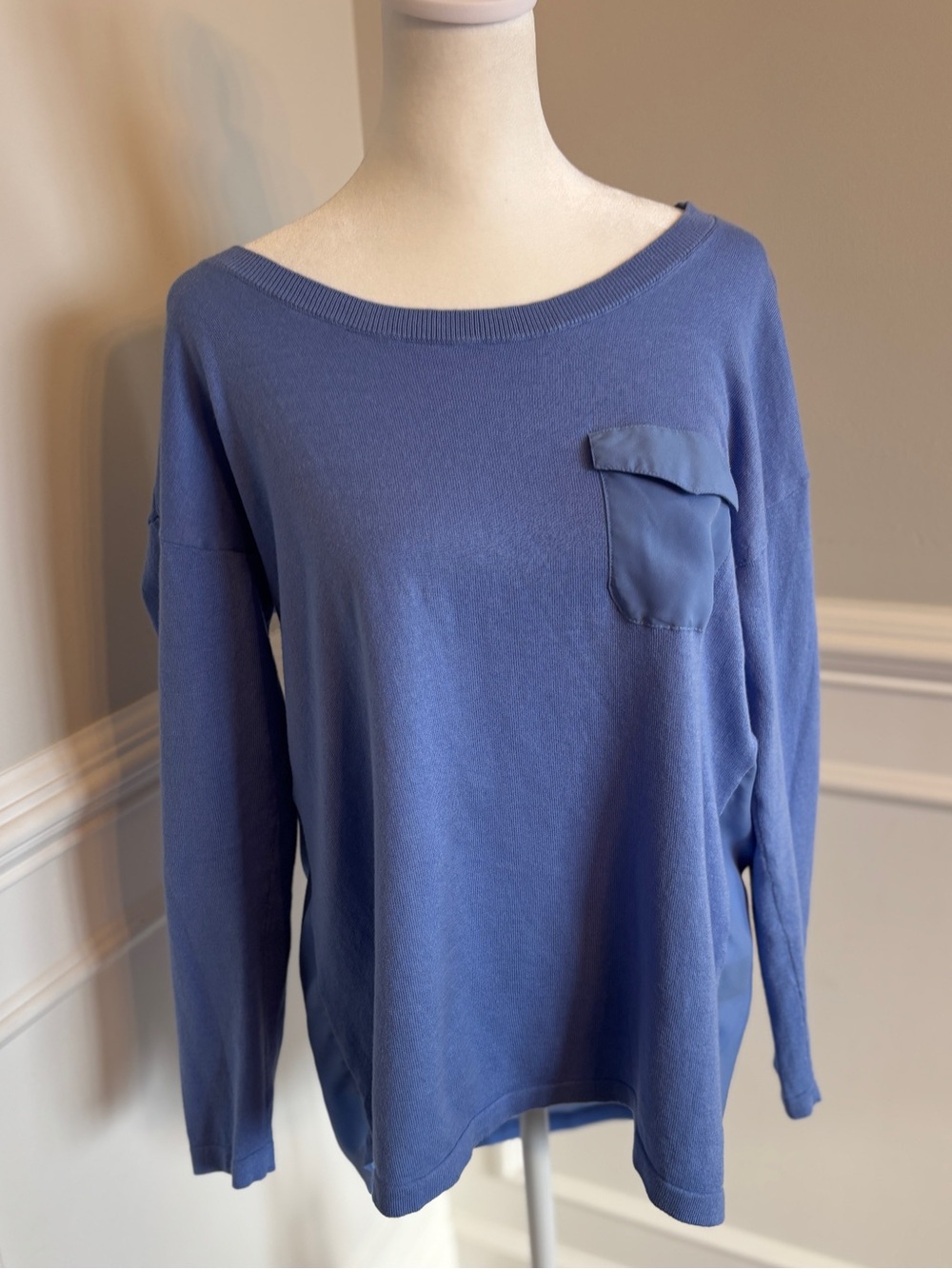 August Moon Periwinkle Crewneck Sweater with flowy back